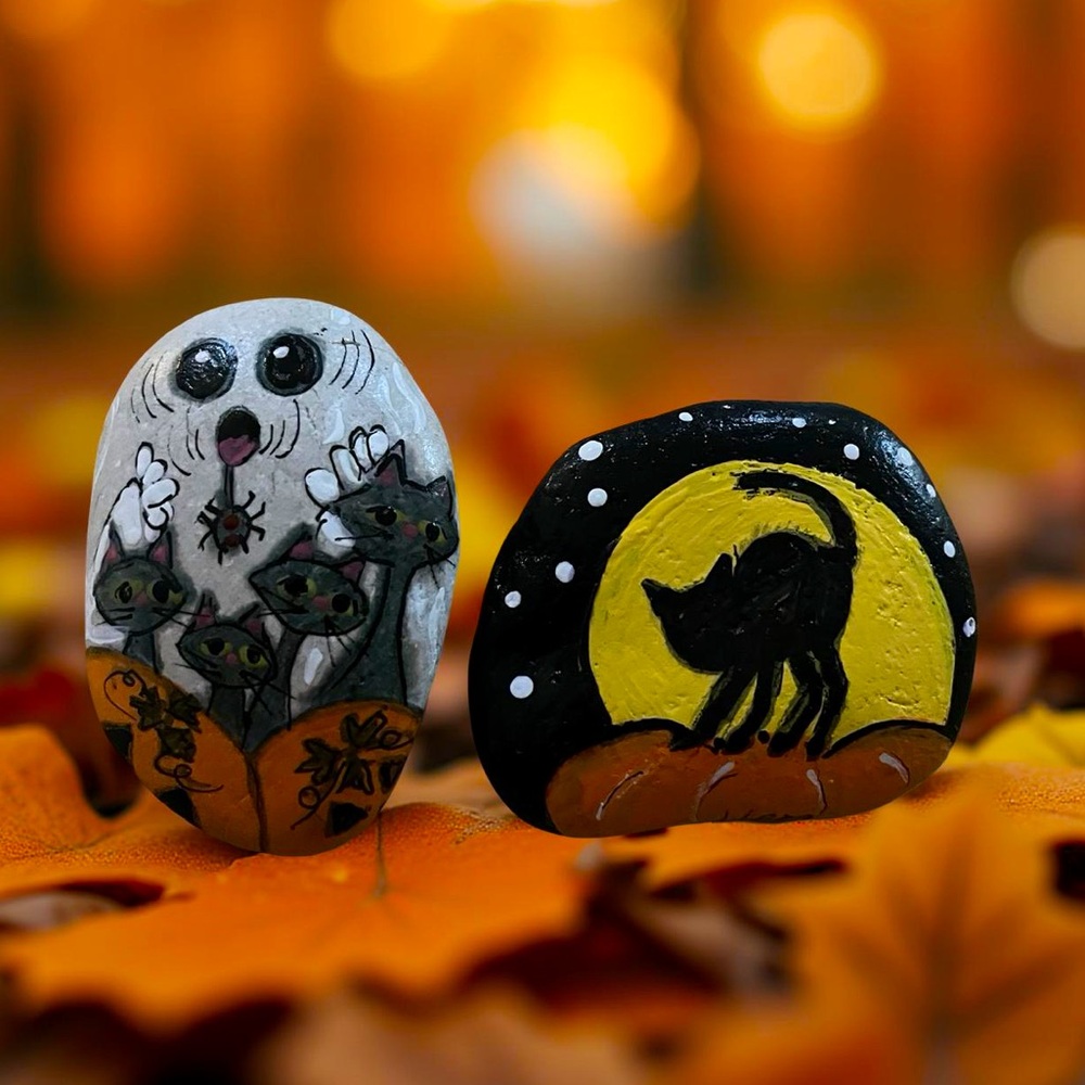 Hand crafted painted Halloween rocks black gray cats ghost pumpkins set of two